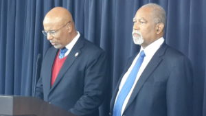 Bob Richards with Malcolm Butterfield as he announces airport review panel.