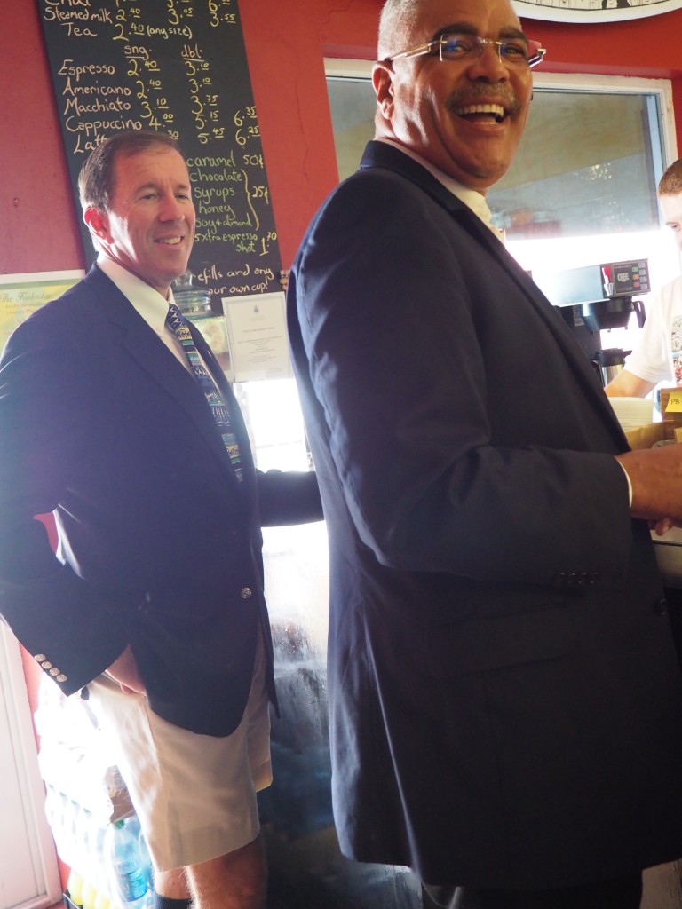 Former Premier of Bermuda Craig Cannonier enjoys a laugh with his successor Michael Dunkley (l) weeks after transition. (Photo Credit: Ayo Johnson)