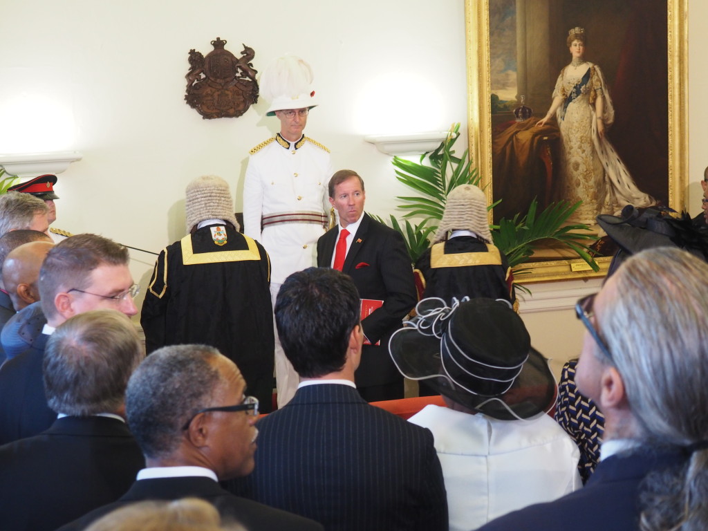 Colonial realities: George Ferguson, Governor of Bermuda, presides over the ceremony marking the start of Bermuda's new legislative session. Directly in front of him is Premier Michael Dunkley.