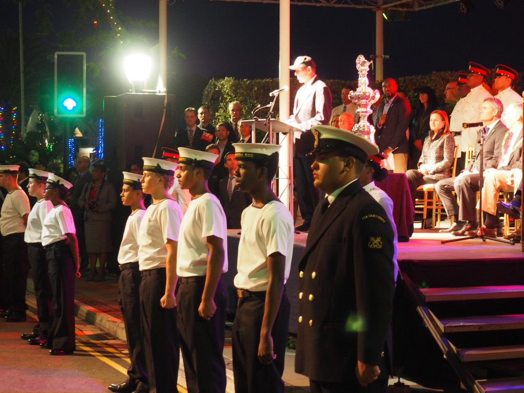 Bermuda's Premier Michael Dunkley addresses the crowd at a welcoming ceremony for the America's Cup. But will ongoing litigation dampen the mood?